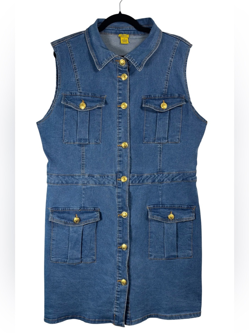 Daisy Sleeveless Blue Denim Utility Dress with Gold Buttons Midi Sexy Stretch